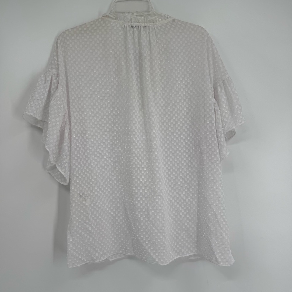 Alice + Olivia Semisheer Blouse Size L Julius White Ruffle Sleeve Clip Dot - Picture 6 of 7